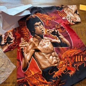 New Vintage Bruce Lee Shirt Black Button Up Martial Arts Fighting AOP Y2K
